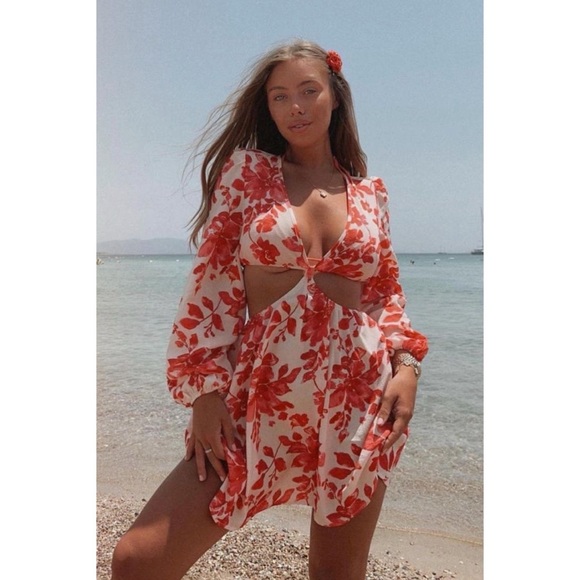 Red Floral Print Long Sleeve V-Neck Open Back Cutout Mini Dress - Picture 13 of 14